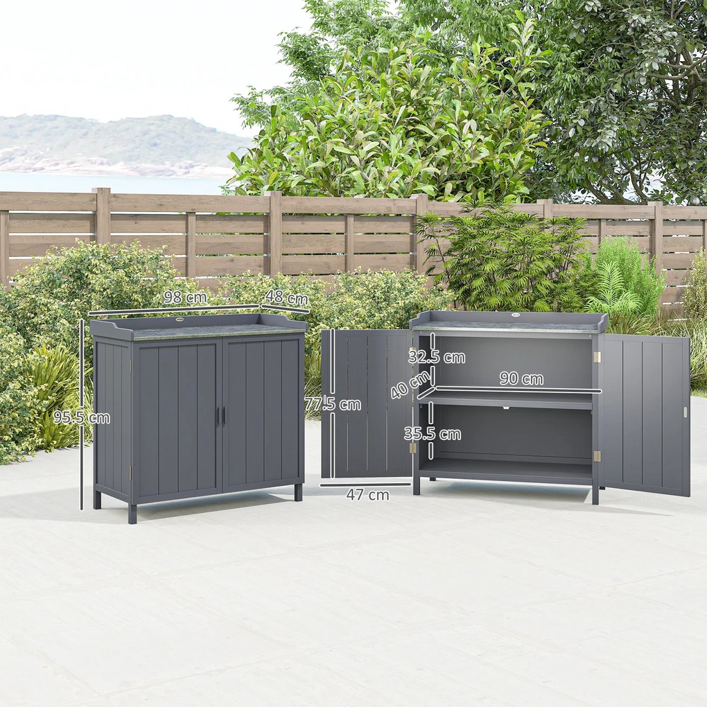 Outsunny Dulap pentru Exterior din Lemn de Brad cu Blat de Lucru din Metal Zincat si 2 Rafturi pentru Scule, 98x48x95.5 cm, Gri | Aosom Romania