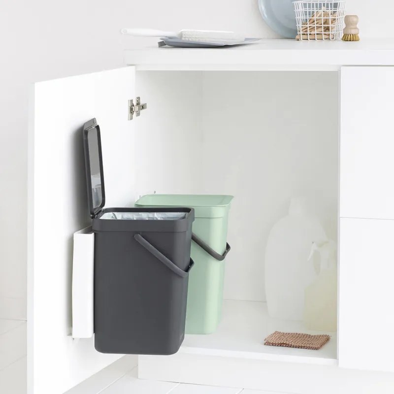 Set 2 cosuri de gunoi colectare selectiva Brabantia Sort&Go 1005513, 2x12 L, Montare pe usa dulapului, Gri/Verde