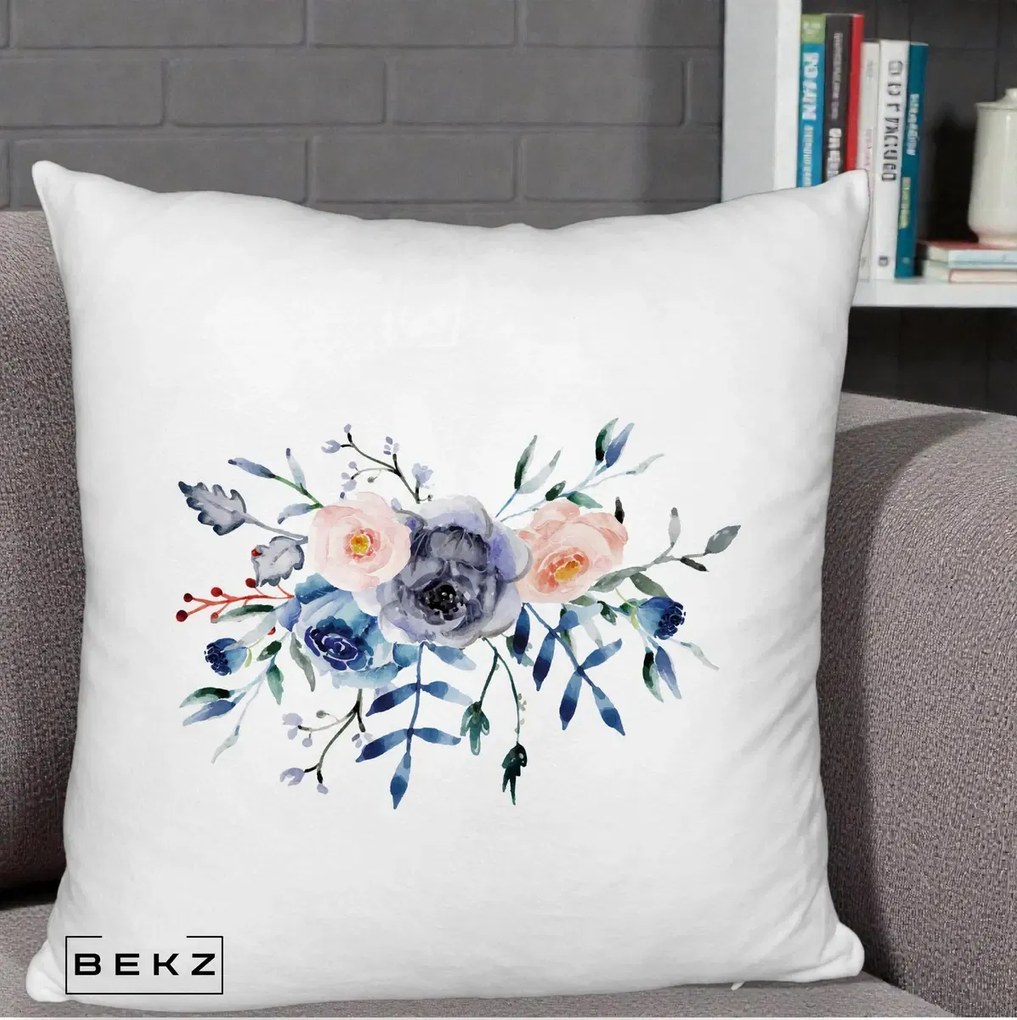 Perna Decorativa Buchet Flori Albastre Acuarela, 40x40 cm, Alb Pufos, Husa Detasabila, Perna Inclusa, BEKZ®