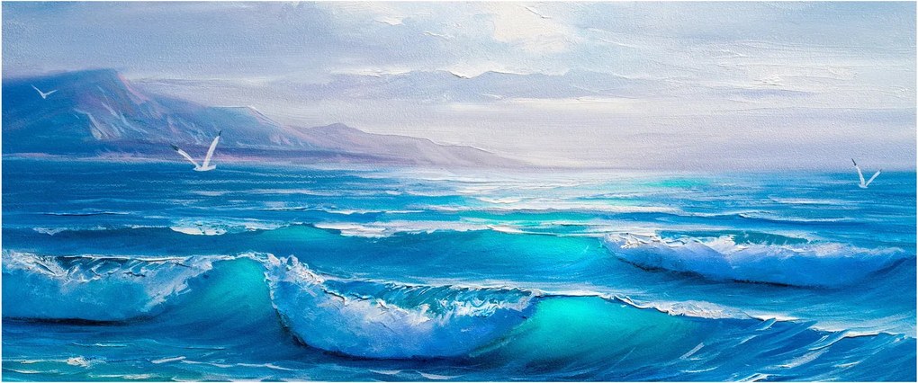 Tablou - Pictură în ulei de mare cu pescăruși (120x50 cm)