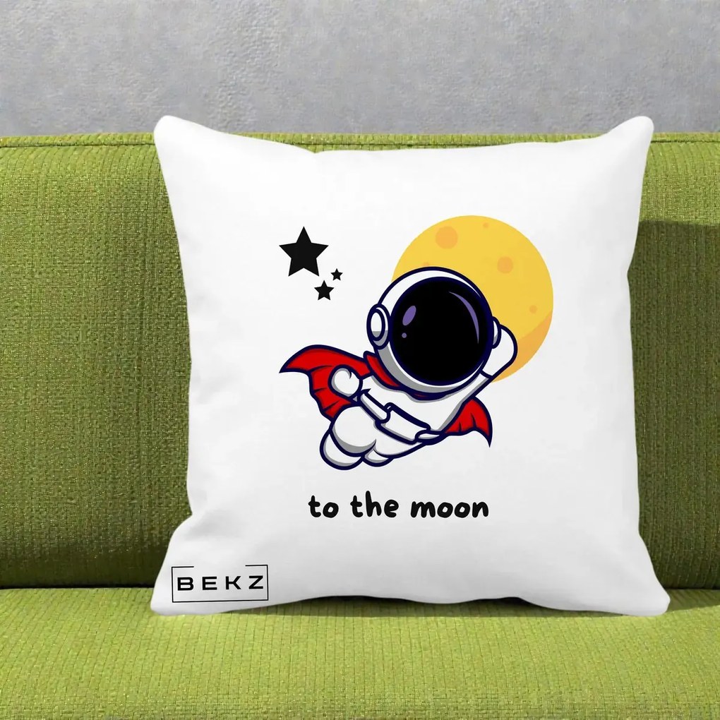 Perna Decorativa Astronaut To The Moon, 40x40 cm, Alba Mata, Husa Detasabila, Perna Inclusa, BEKZ®