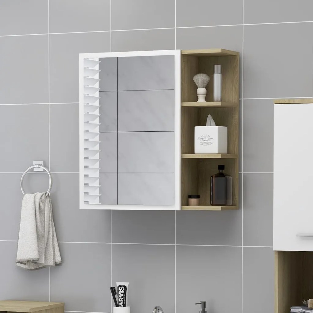 803313 vidaXL Dulap baie cu oglindă, alb/stejar Sonoma, 62,5x20,5x64 cm PAL
