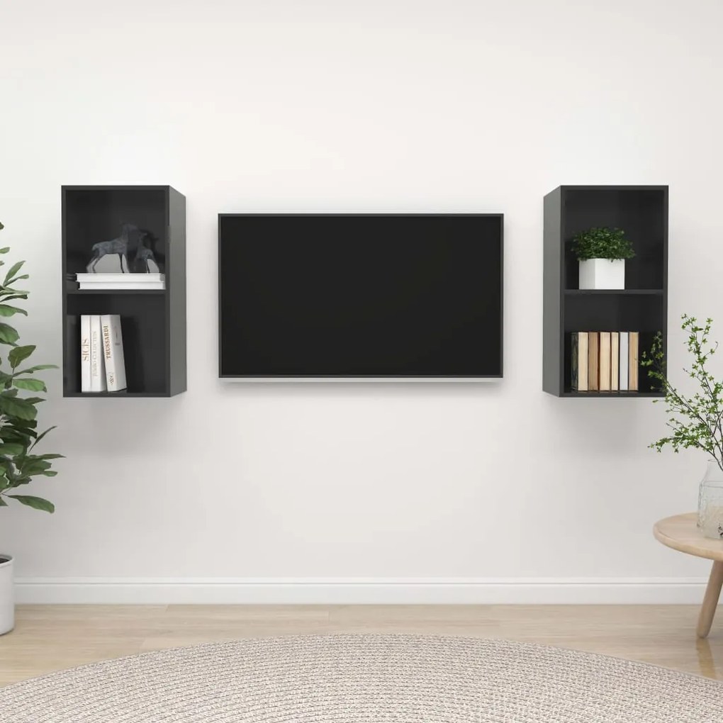 vidaXL Dulapuri TV suspendate, 2 buc., gri lucios, lemn prelucrat