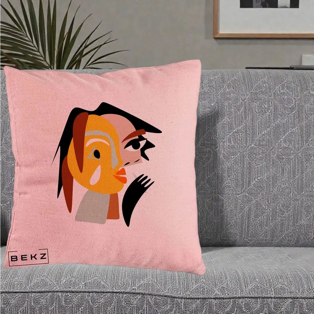 Perna Decorativa Portret Abstract Galben-Ocru, 40x40 cm, Roz, Husa Detasabila, Perna Inclusa, BEKZ®