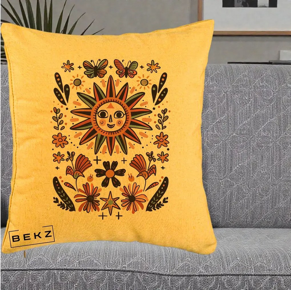 Perna Decorativa Soare Boho Folk Fluturi, 40x40 cm, Galben, Husa Detasabila, Perna Inclusa, BEKZ®