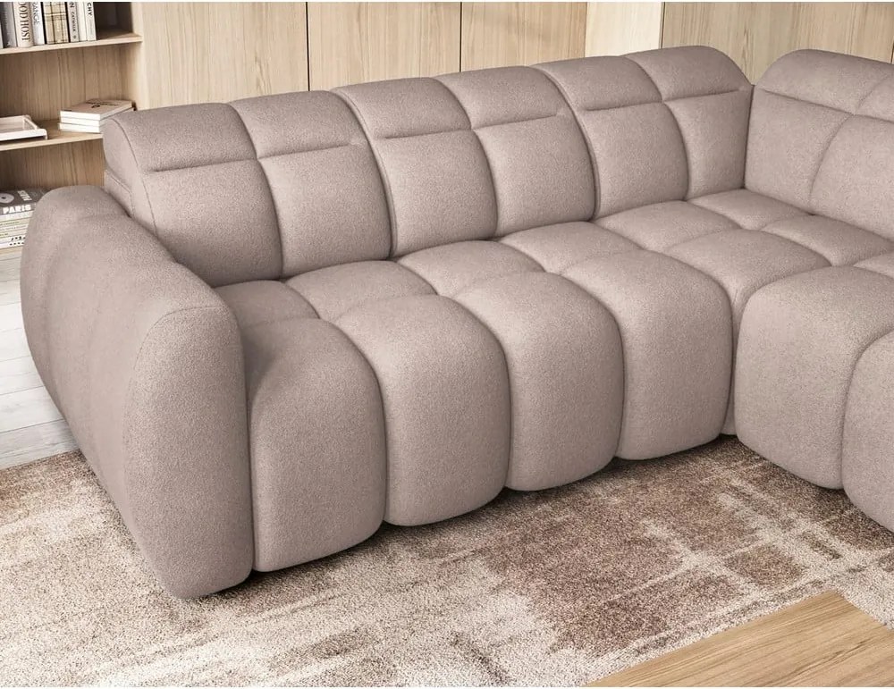 Colțar maro deschis extensibil/cu spațiu de depozitare cu tapițerie din țesătură bouclé (cu colț pe partea dreaptă/în formă de ”L”) Falconn – ELTAP