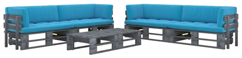 Set mobilier paleti cu perne, 6 piese, lemn pin gri tratat Albastru, 4x colt + 2x masa, Gri, 1