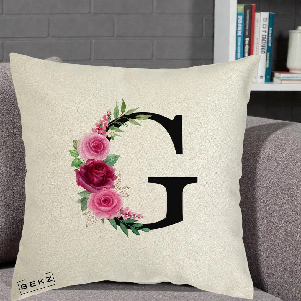 Cadou Personalizat - Perna Personalizata Monograma Florala Litera G, 40x40 cm, Ecru, Husa Detasabila, Perna Inclusa, BEKZ®