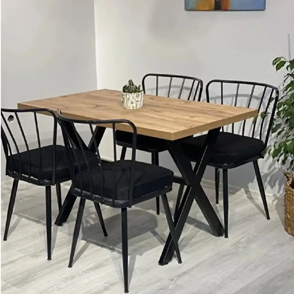 Set masa cu 4 scaune metal, Amsterdam Homs, nuc/negru 70 x 110 cm