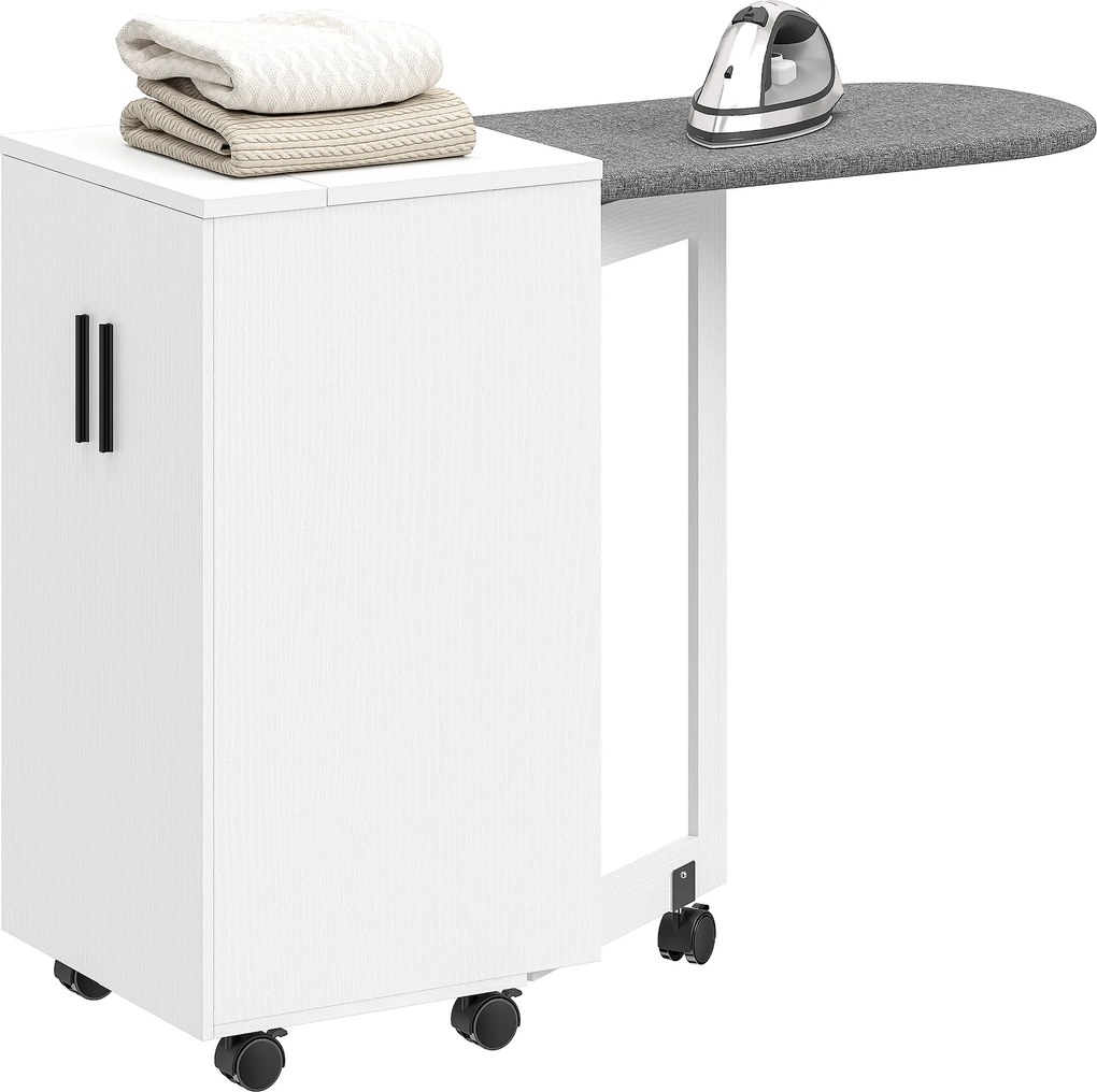HOMCOM Mobilier de călcat 2 en 1, masă de călcat pliante pe roți cu etajeră reglabilă și balamale, alb | Aosom Romania