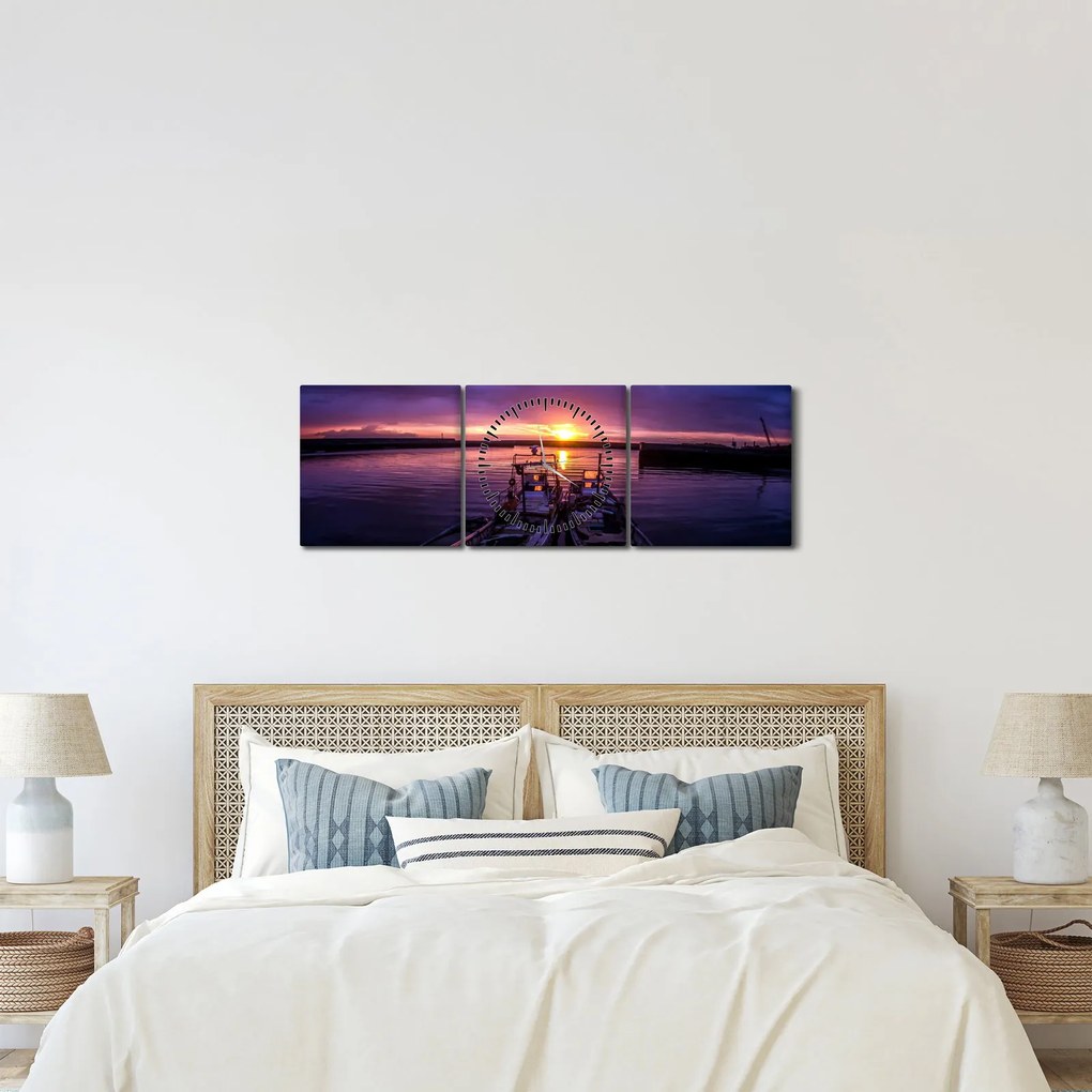 Tablou cu barci pescărești în port (cu ceas) (90x30 cm)