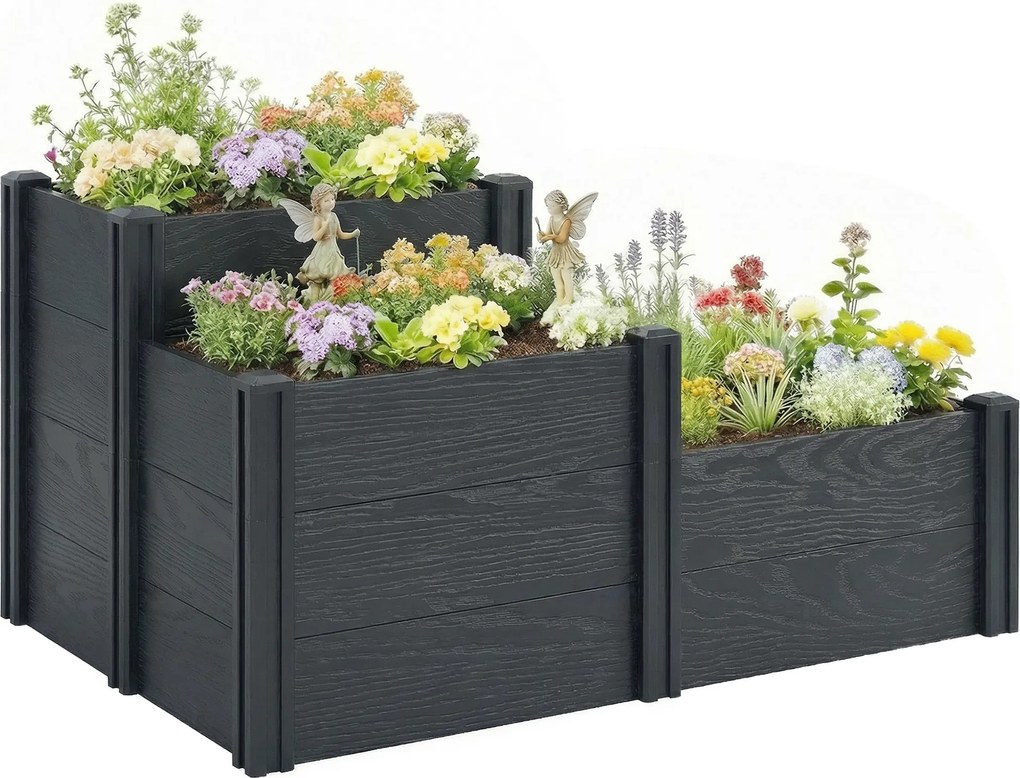 Outsunny Jardinieră ridicată, pat de grădină cu 3 niveluri și fund deschis pentru flori, legume, 120 x 80 x 64 cm, efect lemn gri | Aosom Romania