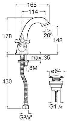 Baterie de lavoar + ventil cu preaplin Roca A5A3A4BC00 CARMEN 17,8 cm crom