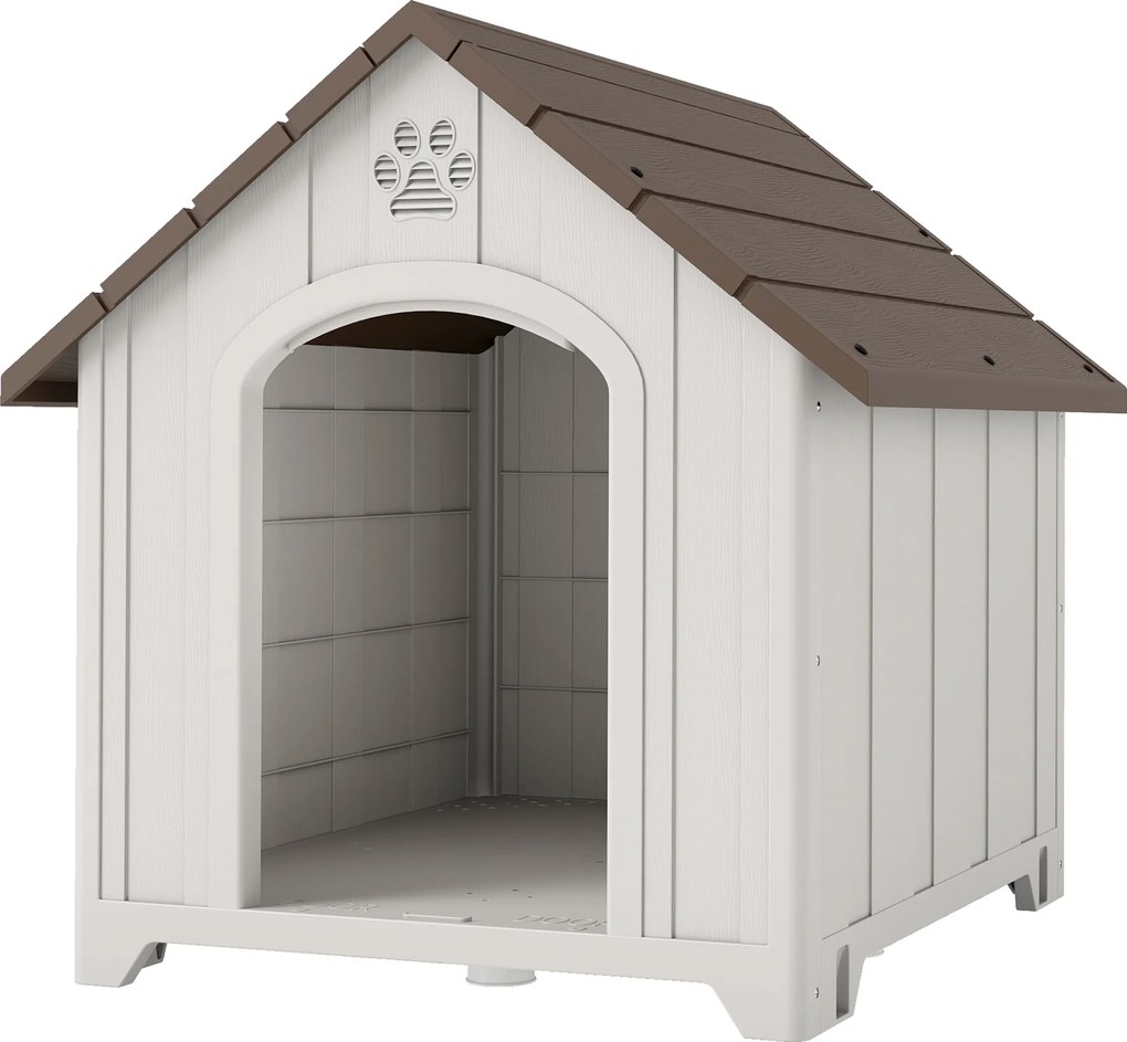 PawHut Casetă pentru câini de exterior Casă pentru câini mari din plastic cu 2 ferestre Bază ridicată Țăruși Maro închis | Aosom Romania