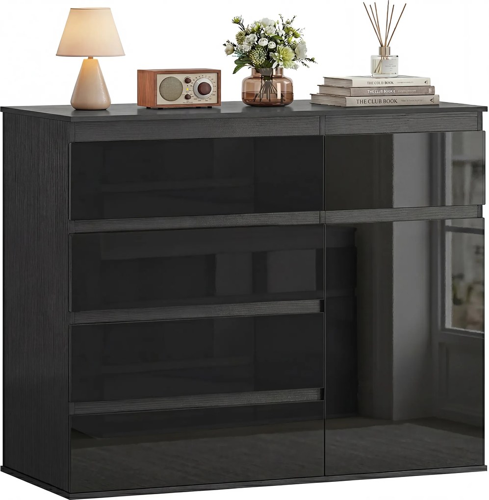 HOMCOM Sideboard modern, sideboard de depozitare cu 5 sertare, raft reglabil, ușă Soft-Close, negru lucios | Aosom Romania