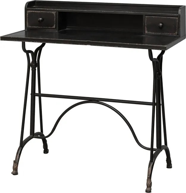 Birou vintage din metal, negru, în stil industrial, cu 2 sertare și nișă, 98 x 100 x 50 cm, „Henri”