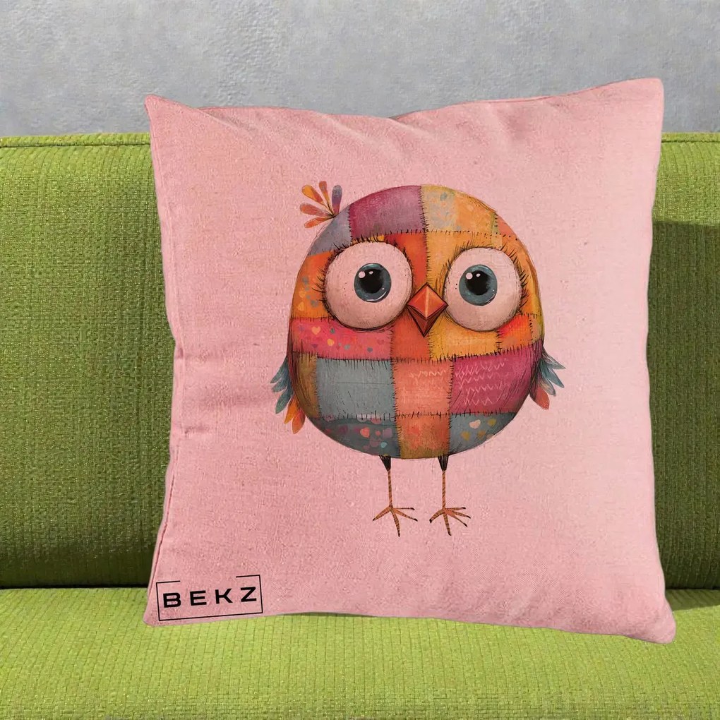 Perna Decorativa Pasare Patchwork Colorata, 40x40 cm, Roz, Husa Detasabila, Perna Inclusa, BEKZ®