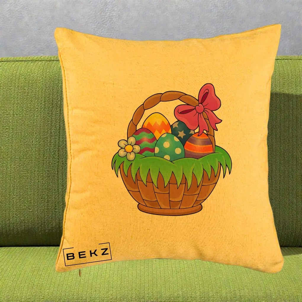 Perna Decorativa Cos cu Oua de Pasti Colorat, 40x40 cm, Galben, Husa Detasabila, Perna Inclusa, BEKZ®