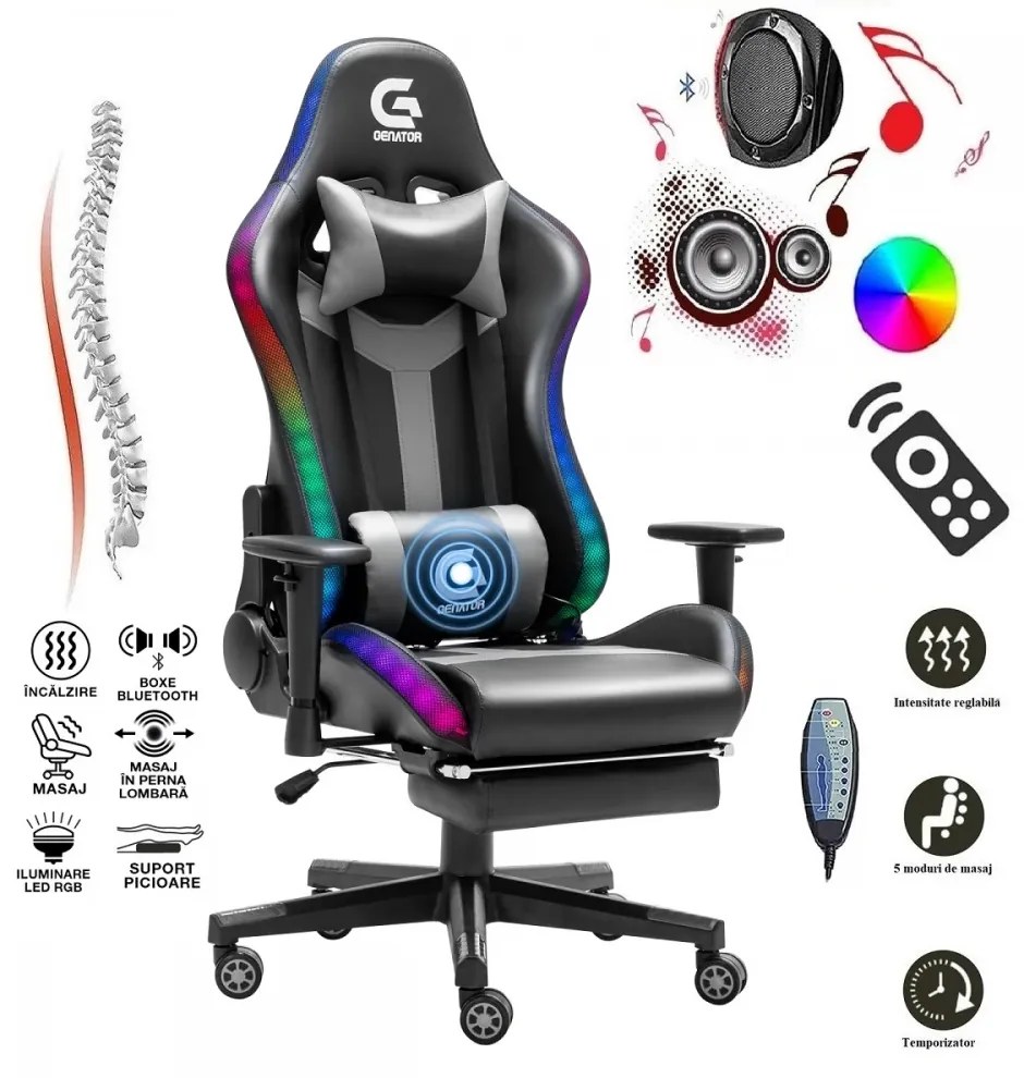 Scaun gaming, Masaj si Incalzire, sistem iluminare bandă LED RGB, boxe Bluetooth, masaj în perna lombară, sezut benzi elastice sustinere, funcție șezlong, 90-180 grade, suport picioare, Negru/Gri