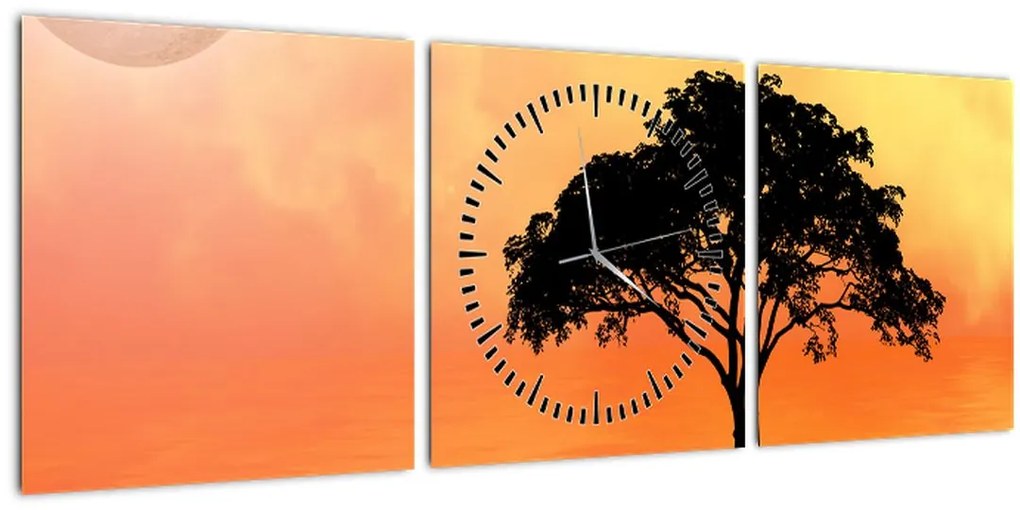 Tablou cu copac în apus de soare (cu ceas) (90x30 cm)