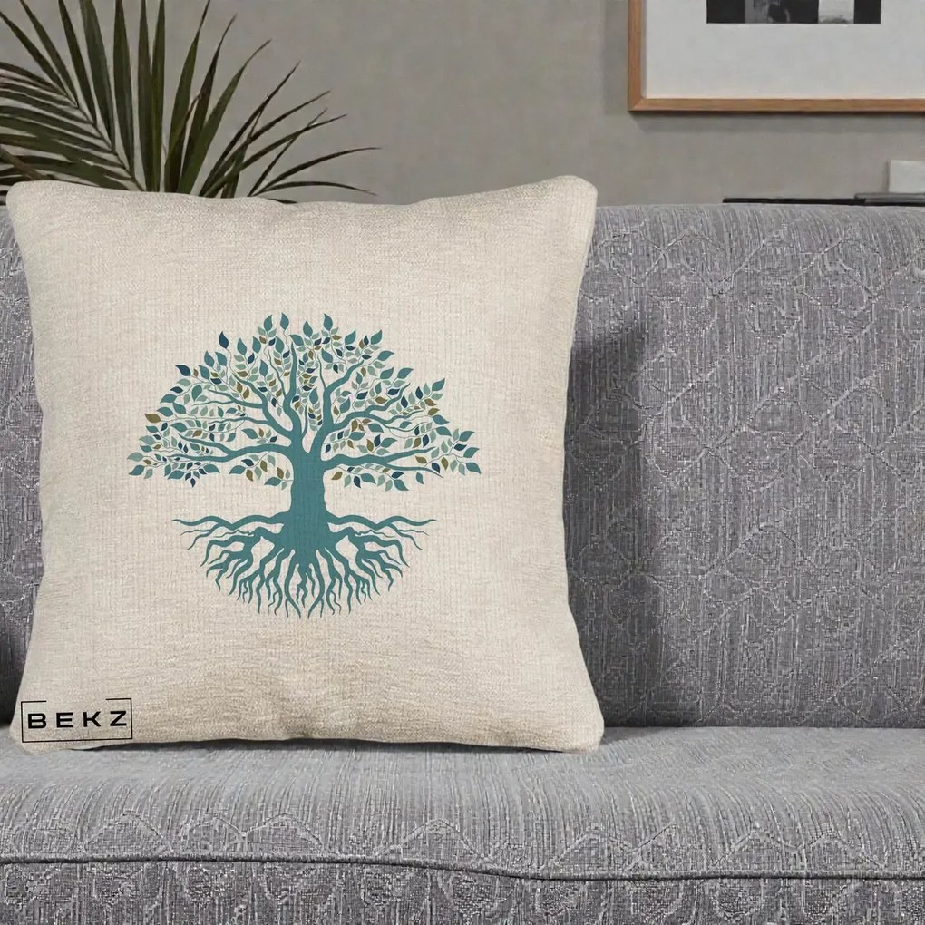Perna Decorativa Copacul Vietii Teal cu Radacini, 40x40 cm, Bej Canapea, Husa Detasabila, Perna Inclusa, BEKZ®