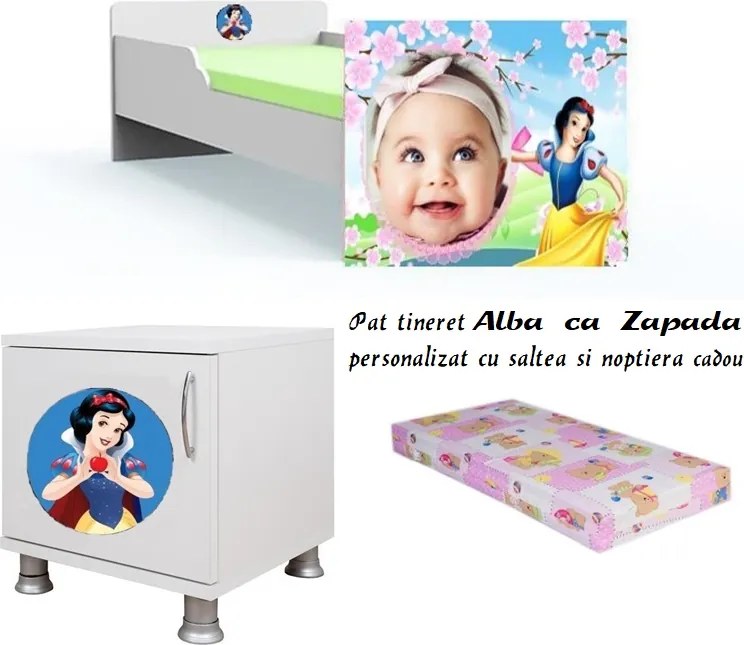 Pat tineret Alba ca Zapada personalizat cu saltea si noptiera Cadou