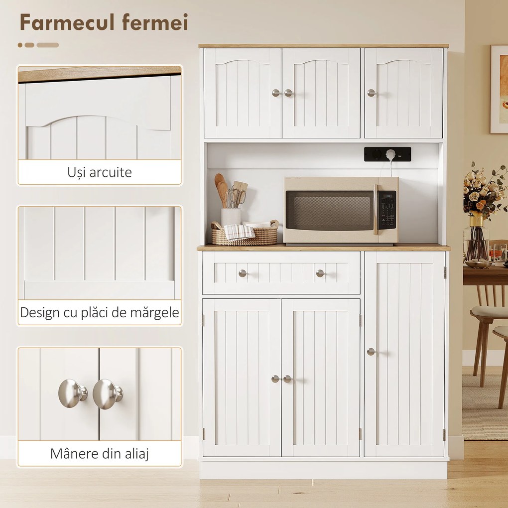 HOMCOM Dulap de bucătărie înalt, 173 cm, cu stație de încărcare, spațiu pentru cuptorul cu microunde, rafturi reglabile, 4 suporturi pentru condimente, alb | Aosom Romania