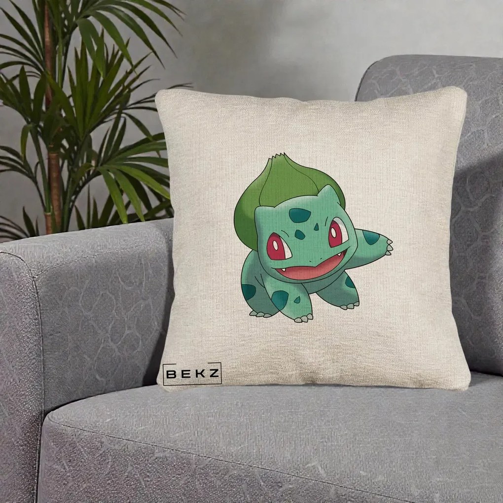 Perna Personalizata Bulbasaur Pokemon, 40x40 cm, Bej Canapea, Husa Detasabila, Perna Inclusa, BEKZ®