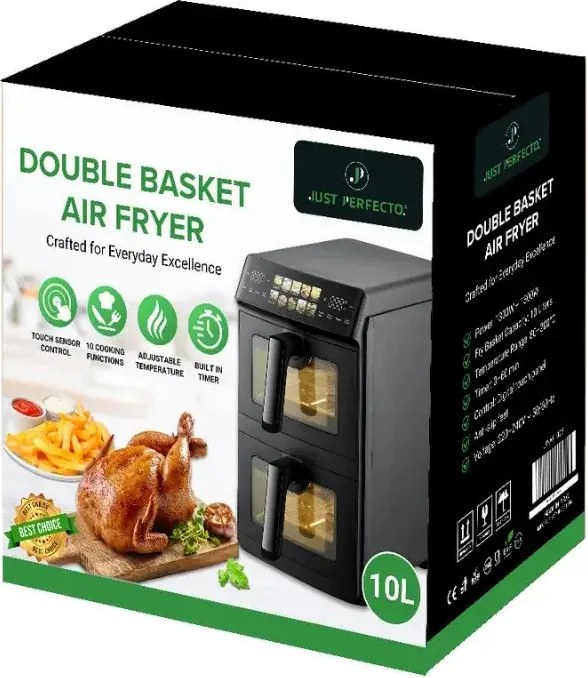 Friteuză dublă cu aer cald Just Perfecto JP-AF10DB, 2600 W, 10 l, 10 programe, 80-200 °C, circulație rapidă a aerului cald, gătire sincronizată, negru
