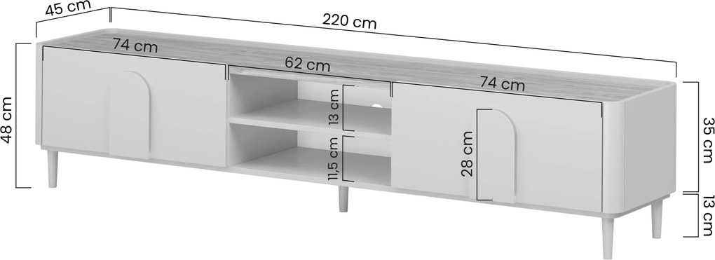 Comodă TV cu sertar Amilio 220 cm pe picioare - cașmir / stejar uleiat / mânere cașmir