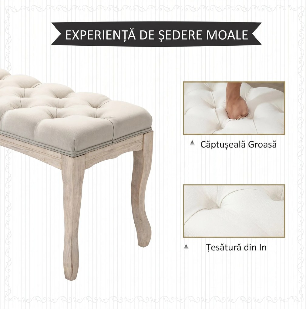 HOMCOM Bancă de Pat Vintage cu Butoni, Bancă Capitonată cu Picioare din Lemn, 110x40x48 cm, Bej | Aosom Romania