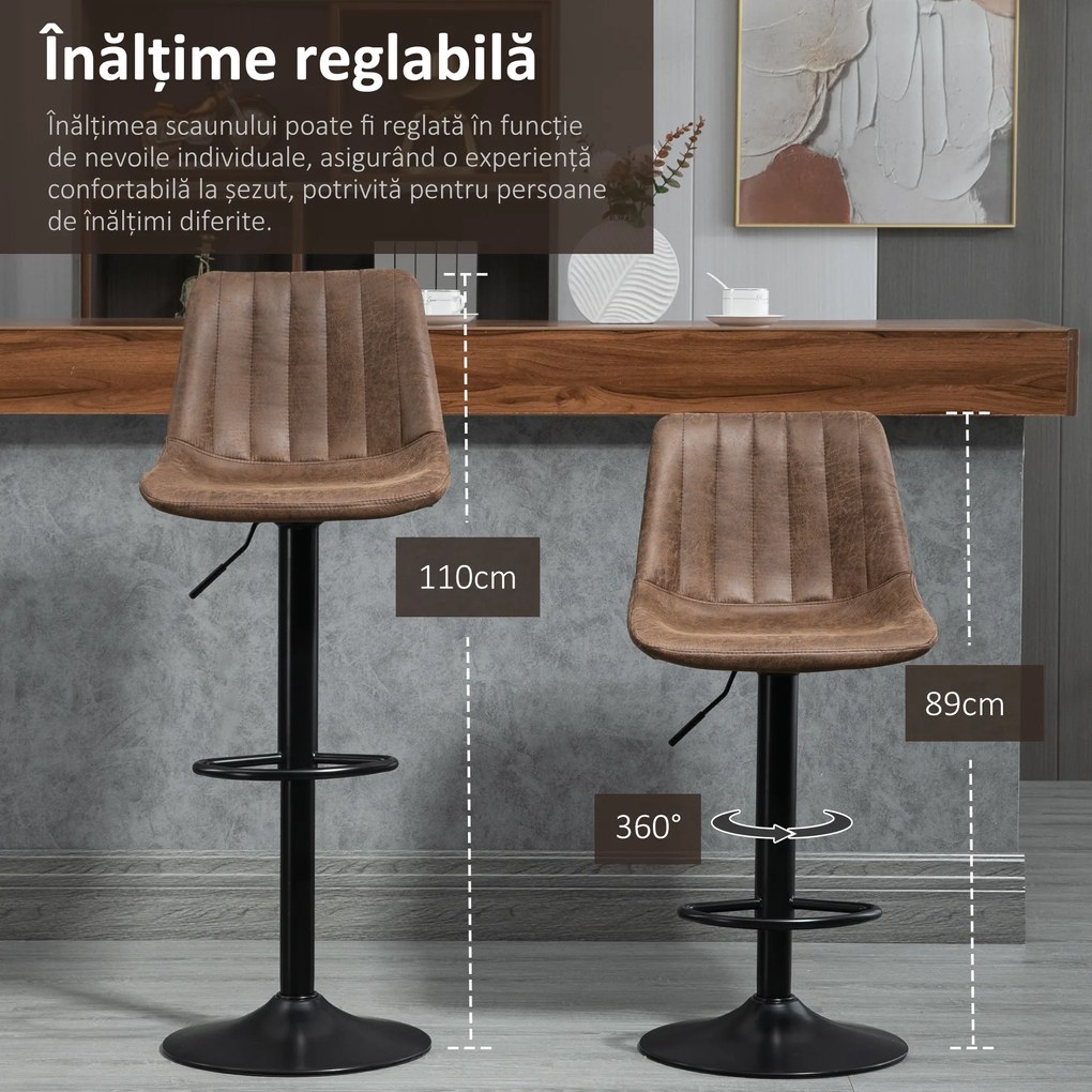 HOMCOM Set de 2 Scaune de Bar Căptușite, Rotative cu Suport pentru Picioare, 43x46,5x91-103 cm, Maro | Aosom Romania