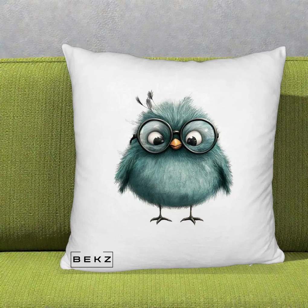 Perna Decorativa Pui Teal cu Ochelari Rotunzi, 40x40 cm, Alb Pufos, Husa Detasabila, Perna Inclusa, BEKZ®