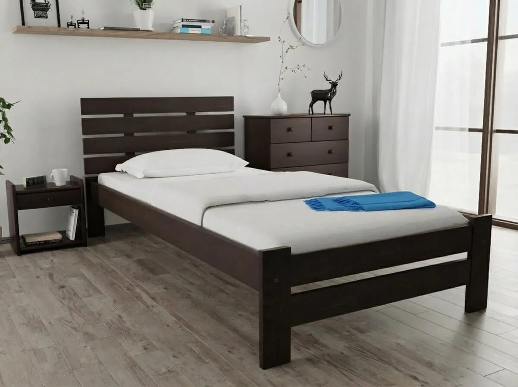 Pat de o persoana inalt Paris, nuc 90x200 cm Saltele: Cu saltele Deluxe 10 cm, Somiera pat: Fara somiera