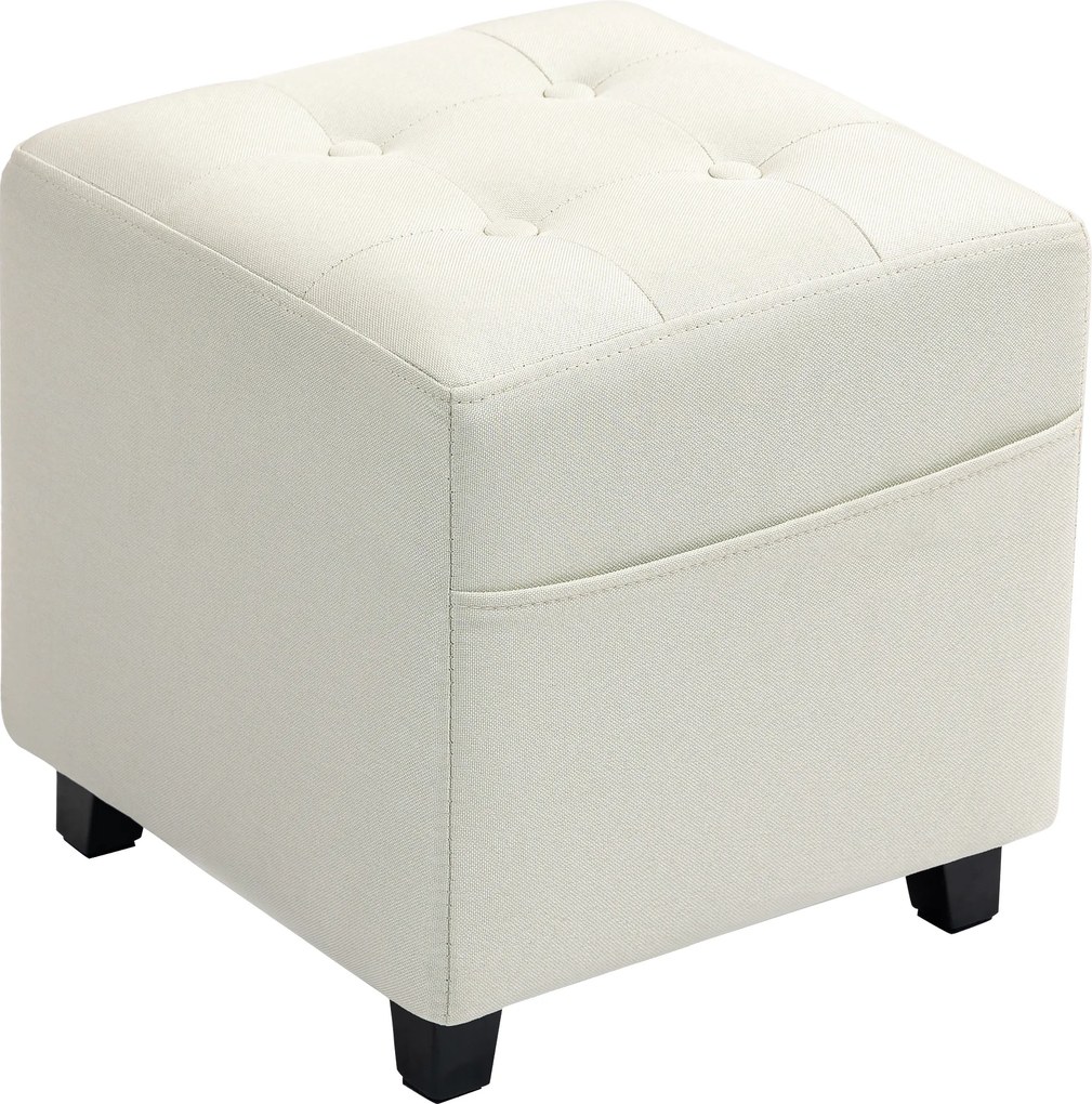 HOMCOM Suport pentru picioare pentru living, ottoman, scaun tapițat capitonat din material cu aspect de in cu buzunar lateral, 35 x 35 x 35 cm, cremă | Aosom Romania