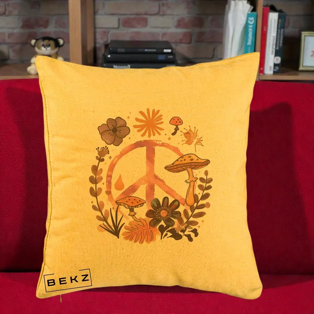 Perna Decorativa Peace Ciuperci Boho, 40x40 cm, Galben, Husa Detasabila, Perna Inclusa, BEKZ®