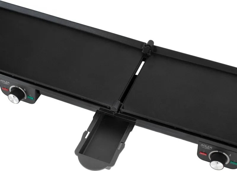Gratar electric dublu pliabil Adler AD 6617, 3000 W, Deschidere 180°, 96 x 26 cm, Placi antiaderente, 2 termostate, Tava pentru grasime, Negru