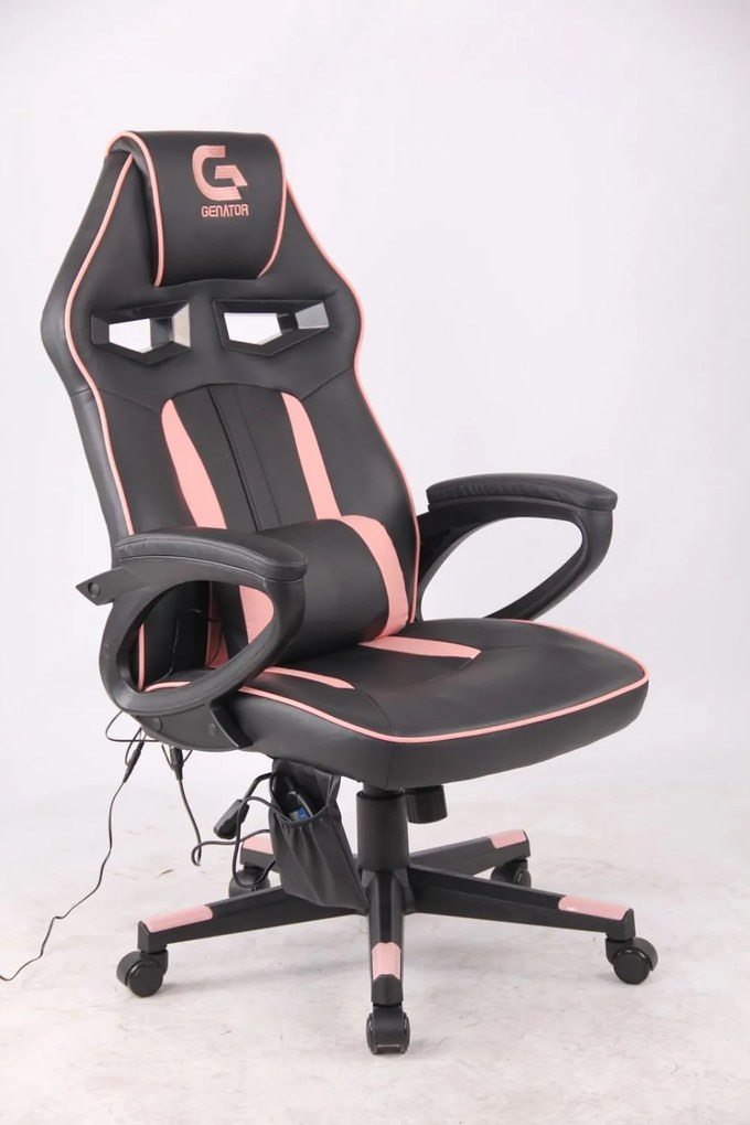 Scaun gaming cu masaj, pernă lombară, tetieră integrată, piele PU, SIG 781G5M7, Negru/Roz