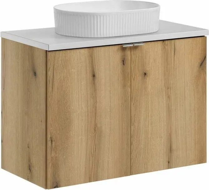 Set dulap baza suspendat 80 cm cu blat si lavoar Comad Nova alb mat si stejar Coast Evoke