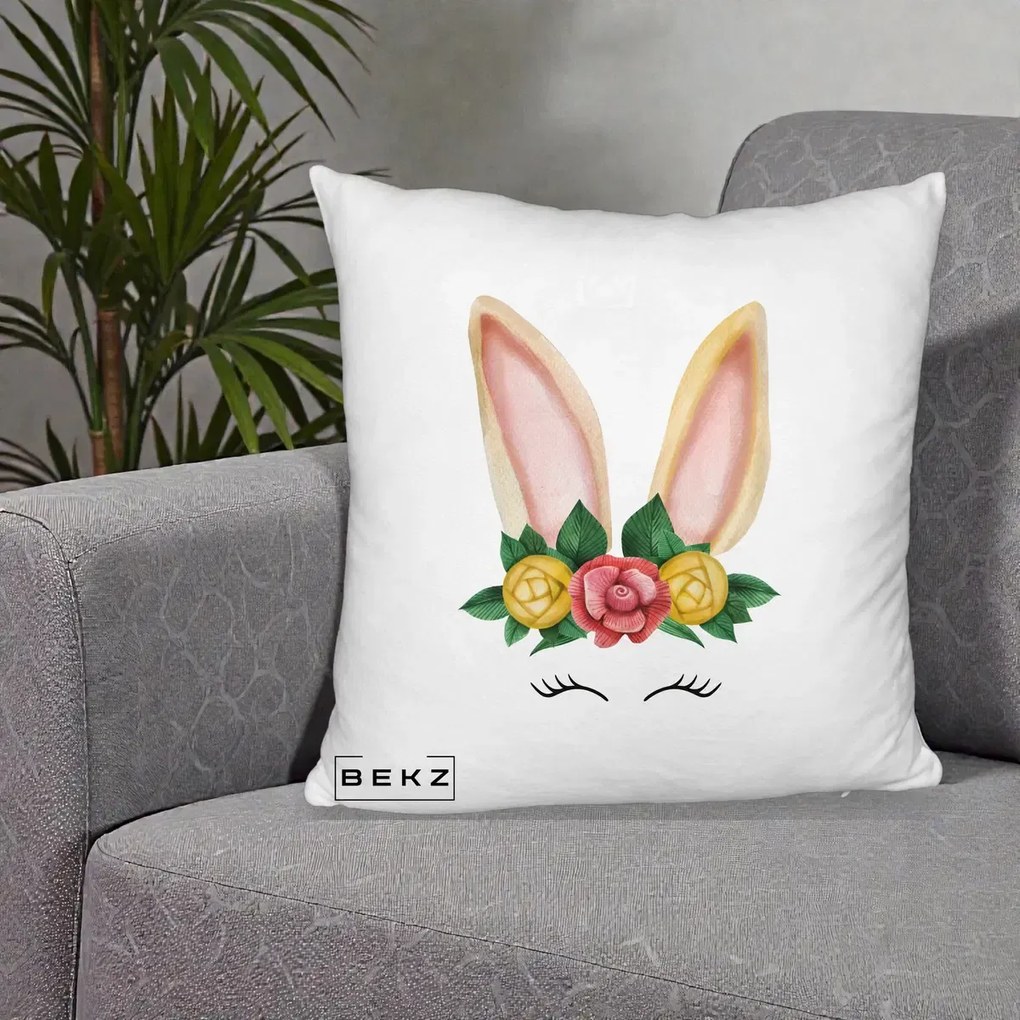 Perna Decorativa Iepuras Flori Urechi Pastelui, 40x40 cm, Alb Pufos, Husa Detasabila, Perna Inclusa, BEKZ®