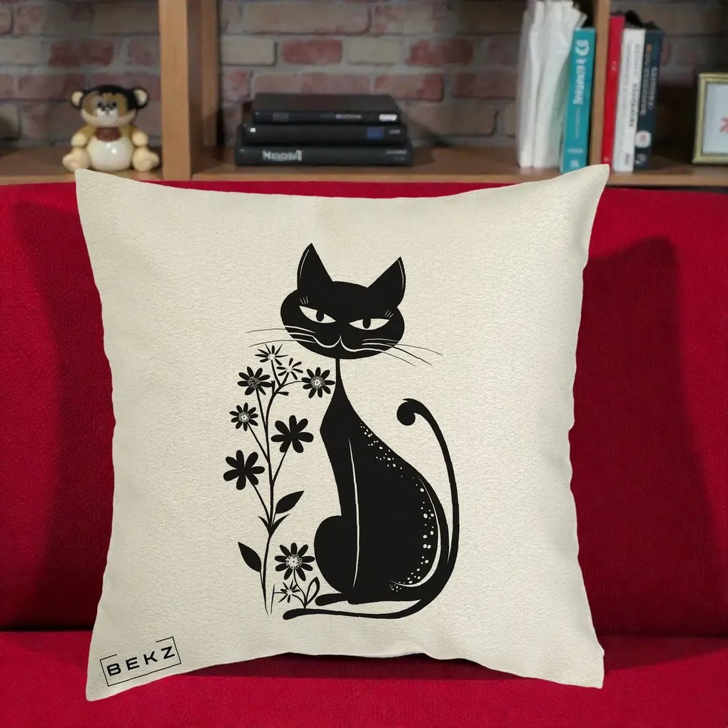 Perna Decorativa Pisica Neagra Grafica Minimalista, 40x40 cm, Ecru, Husa Detasabila, Perna Inclusa, BEKZ®