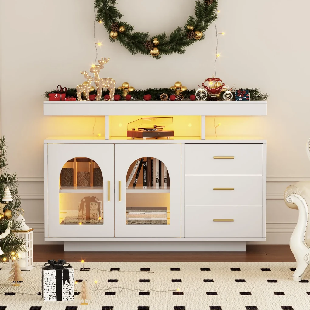 Comodă cu LED, Dulap pentru Cafea și Comodă cu Sertare, Luminos cu 16 Culori, pentru Living și Sala de Mese, 120x40x80 cm, Alb