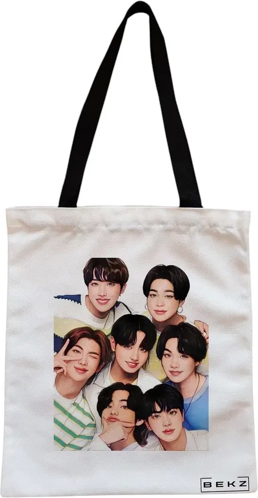 Sacosa de Panza pentru Cumparaturi, Geanta Tote, model BTS Army 2, Cu fermoar, 38x34.5 cm, Alba, BEKZ®