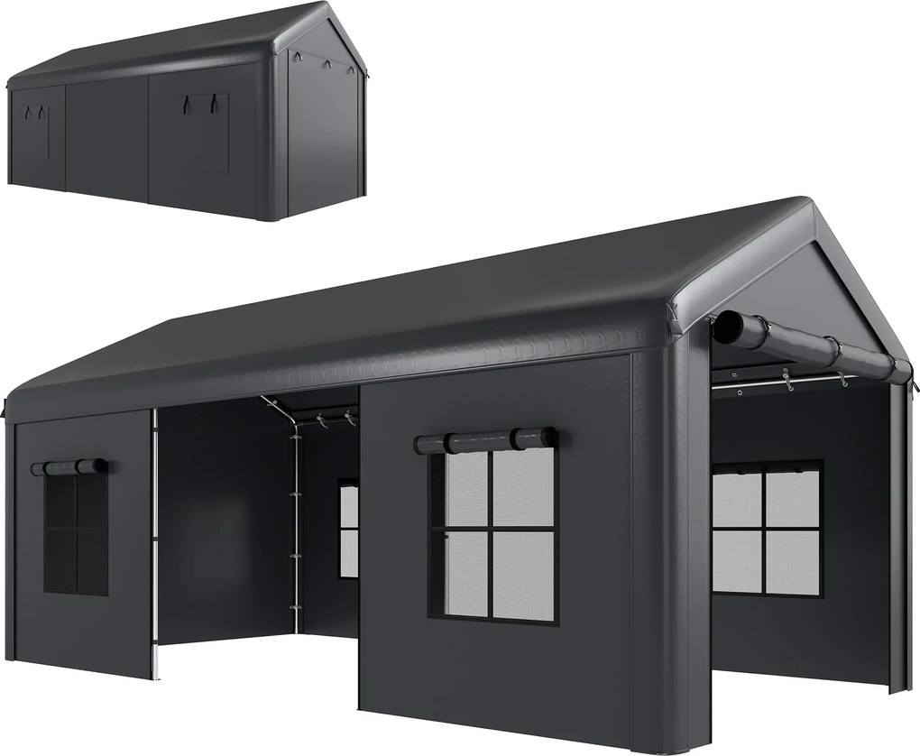 Outsunny Cort pentru Grădină cu Acoperiș Dublu Foișor cu 4 Pereți și Plasă Anti-Țânțari pentru Exterior Terasă 360x300x279 cm Gri Deschis | Aosom Romania