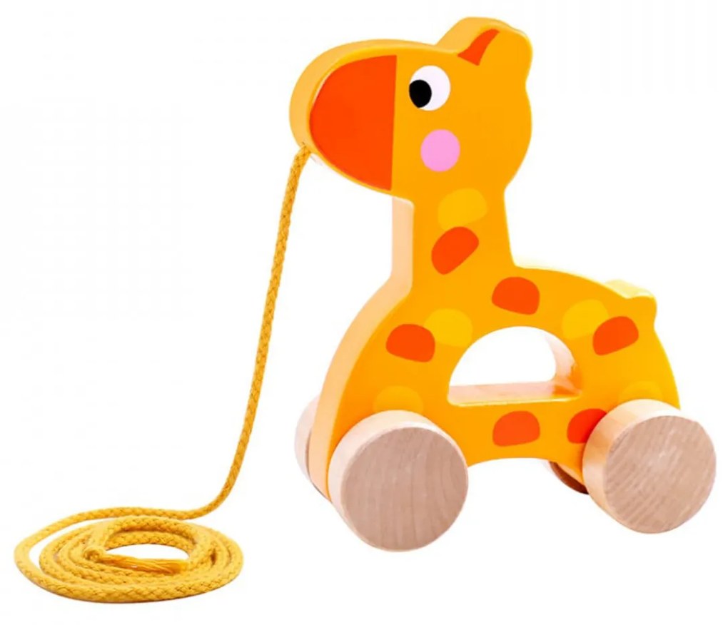 Jucarie educativa de tras din lemn masiv NOVOKIDS™ My first Tiny Giraffe, Cu roti, Motricitate , Cu sfoara de tractare, Materiale Eco, Galben