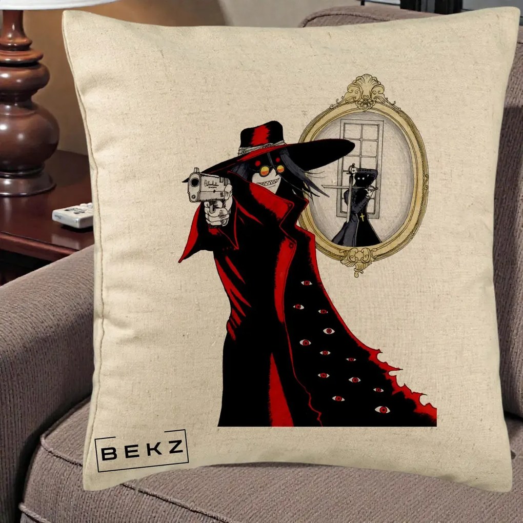 Perna Personalizata Hellsing Alucard cu Pistoale, 40x40 cm, Bej, Husa Detasabila, Perna Inclusa, BEKZ®