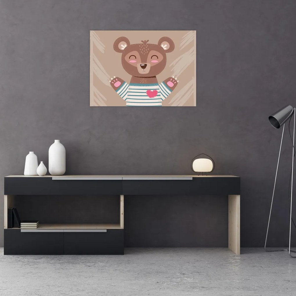 Tablou pe sticlă - Ursuleț de pluș în tricou cu dungi (70x50 cm)