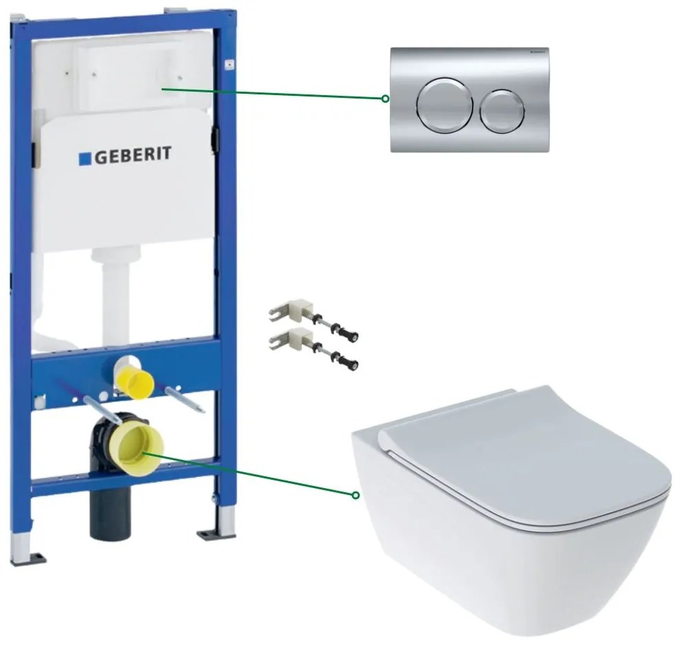 Set vas wc suspendat rimless cu capac soft close Geberit Smyle Square, rezervor incastrat si clapeta alba