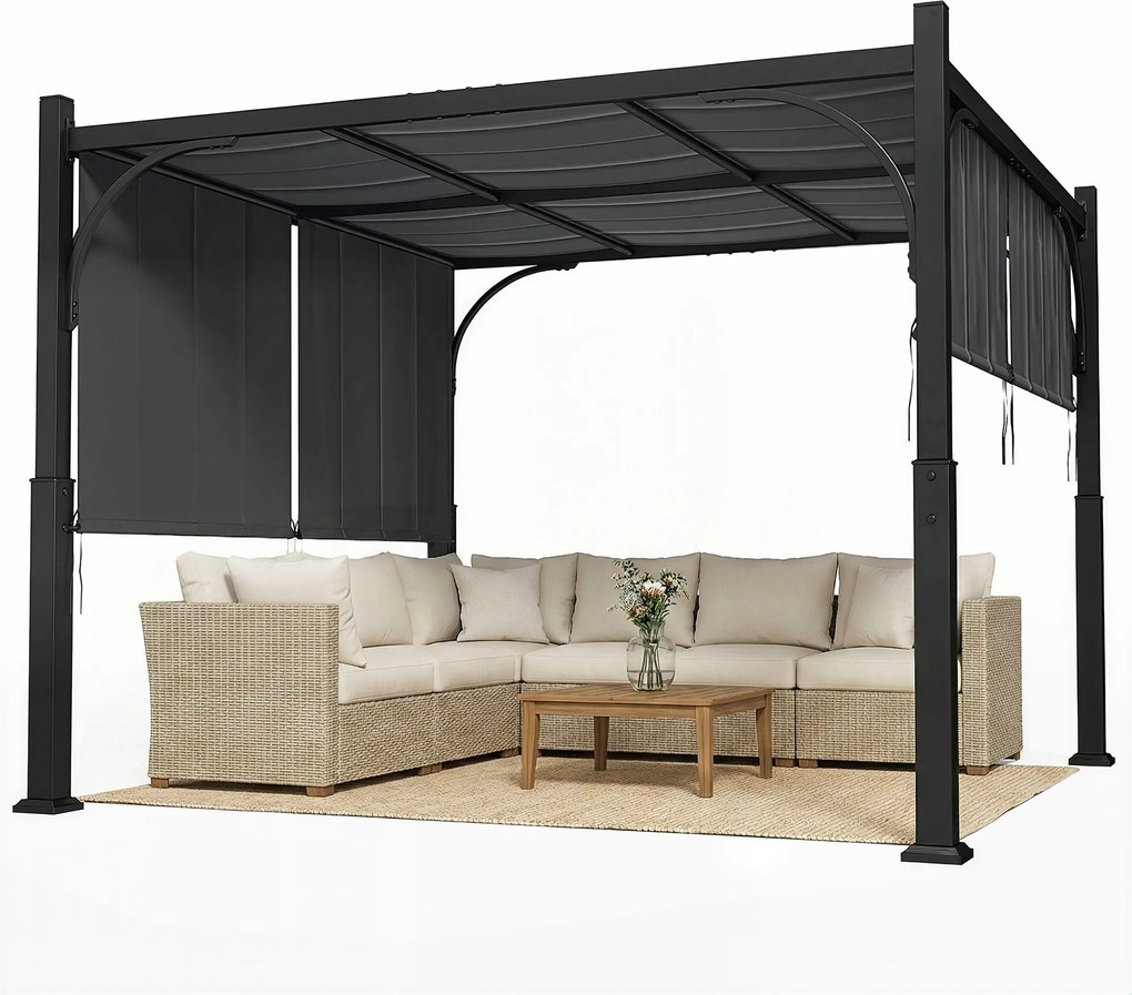 Outsunny Pergolă de grădină 3 x 3 m tonelă de grădină cu copertină glisantă, structură metalică, pentru exterior, Gri Închis | Aosom Romania