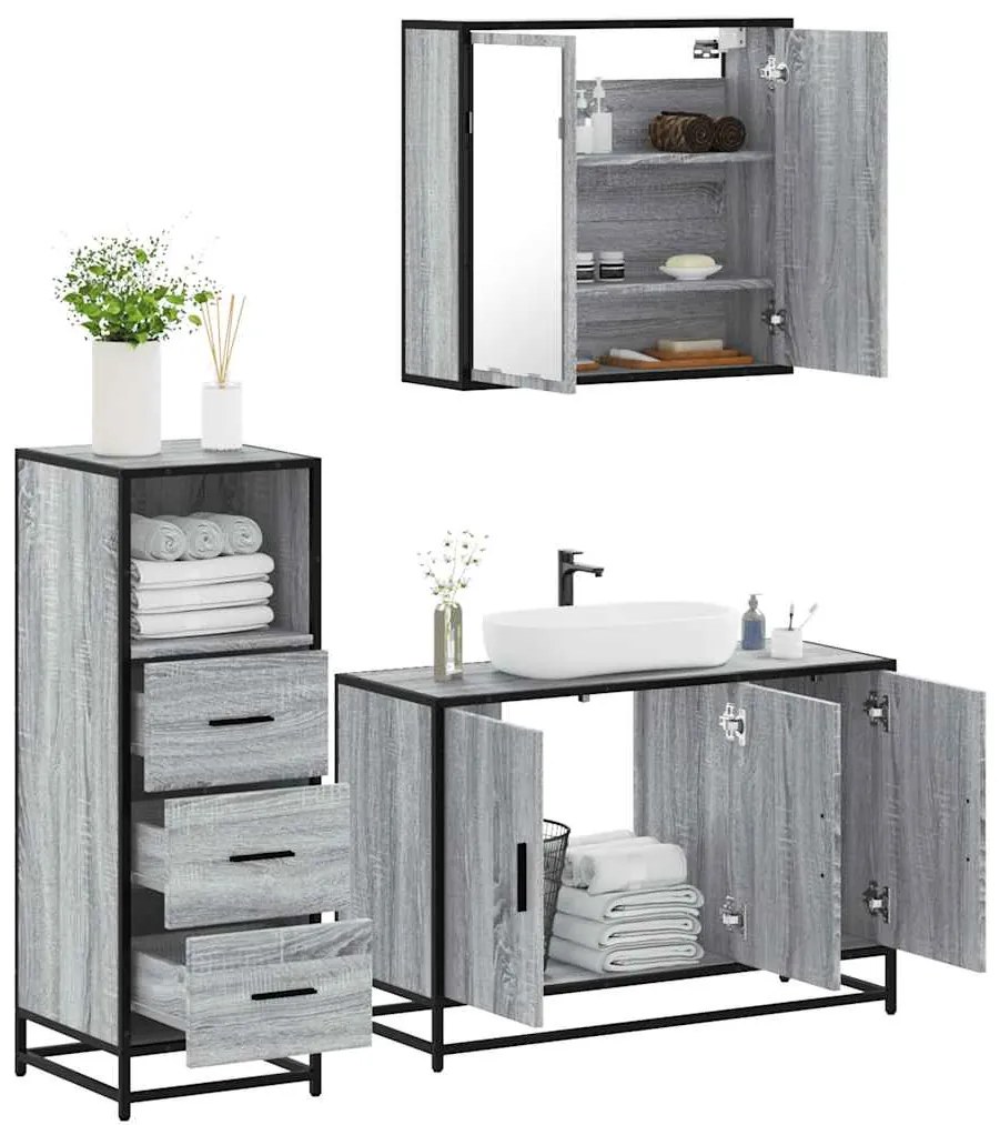 vidaXL Set mobilier de baie, 3 piese, gri sonoma, lemn prelucrat